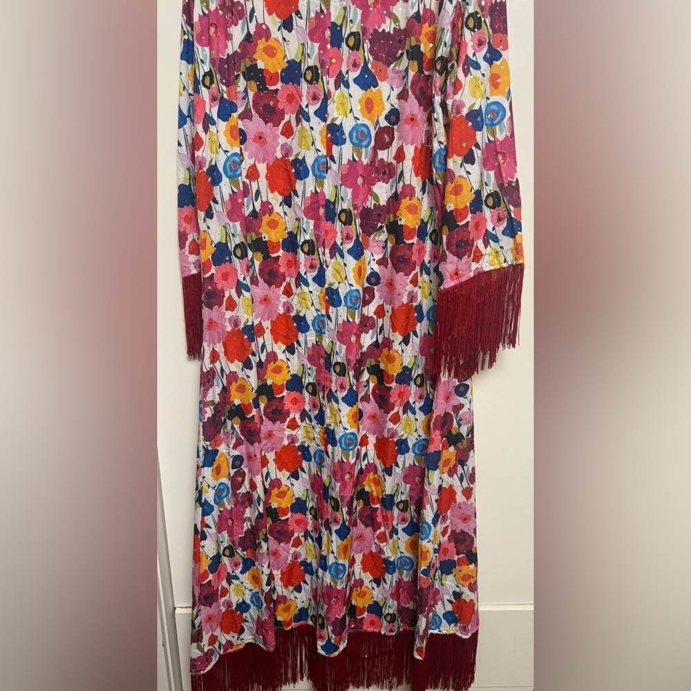 Floral Midi Dress with Fringe Sleeves - Pink Multi - Picture 8 of 8